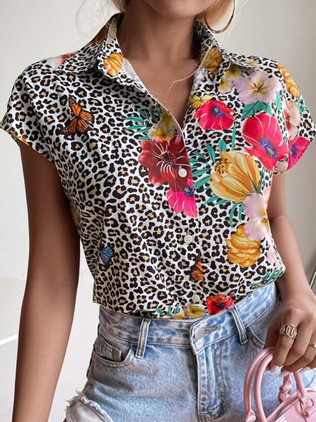 Buy Casual Loosen Leopard Short Sleeve Blouse, Blouses & Shirts, Zolucky, flower