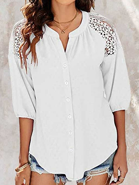

Casual Lace Cutout V-Neck Three-quarter Sleeve Blouse, White, Blouses & Shirts