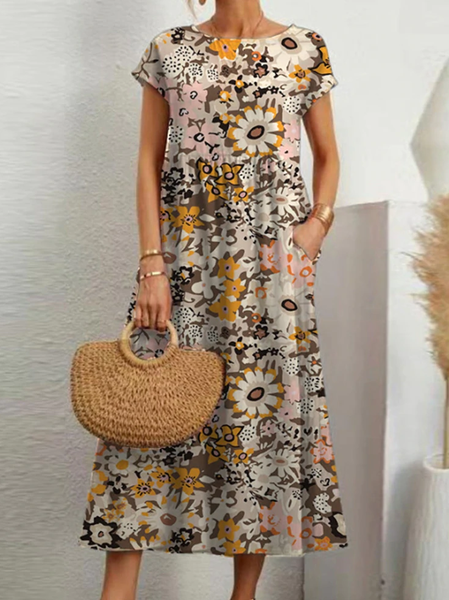 

Floral Casual Short Sleeve Woven Dress, Light khaki, Midi Dresses
