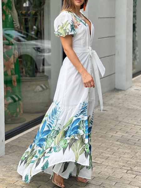 

Plants Shirt Collar Regular Fit Short Sleeve Woven Dress, White, Maxi Dresses