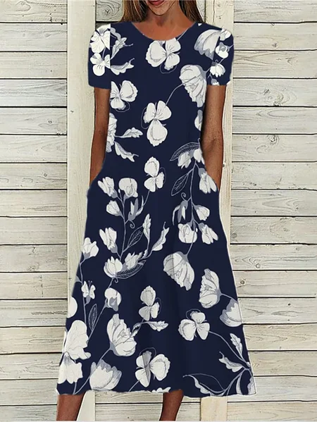 

JFN Round Neck Floral Casual Midi Dress, Blue, Dresses