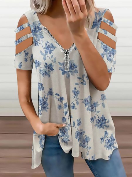 

Casual Simple Floral Print V-Neck Top, As picture, Blouses