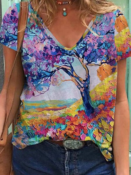 

V Neck Casual Short Sleeve T-Shirt, Blue purple, T-Shirts