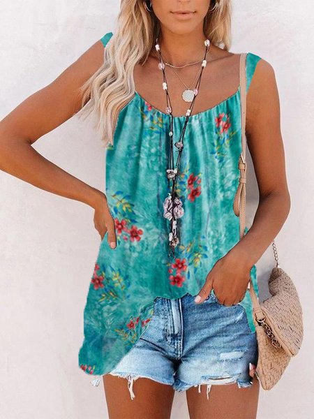 

Casual Floral Regular Fit Square Neck Knit Sleeveless, Green, Tanks & Camis