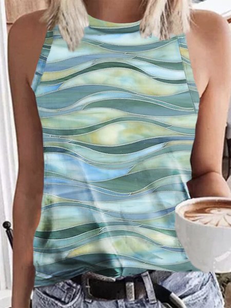 

Ripples Sleeveless Crew Neck Plus Size Casual Knit, Cyan, Tank Top