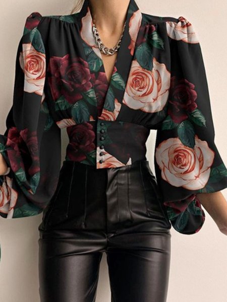

Daily Floral Elegant V Neck Long Sleeve Top, Green, Tops