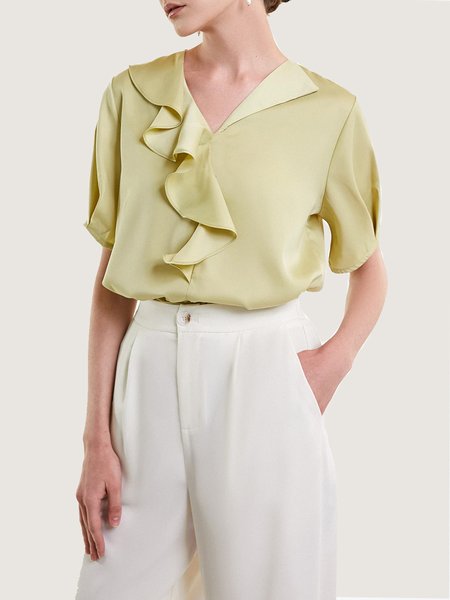 

V Neck Flouncing Short Sleeve Top, Yellow, Tops