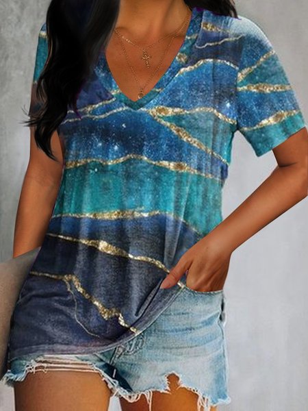 

Loosen V Neck Short Sleeve T-Shirt, Blue, T-Shirts