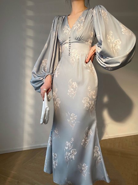 

Regular Fit Elegant Bishop Sleeve Long Sleeve Woven Maxi Dress, Blue, Midi Dresses