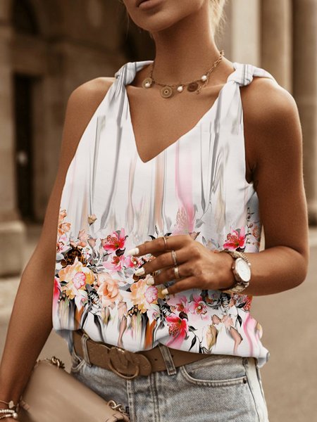 

V Neck Regular Fit Casual Woven, White, Tank Top