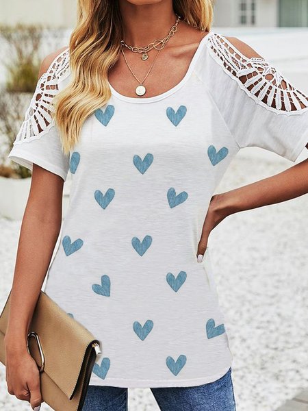

Casual Heart Short Sleeve Tops, White, Tees & T-shirts