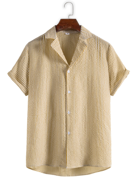 

Cotton And linen Style American Casual T-stripe Basic Wild linen Shirt, Yellow, Blouses&Shirts