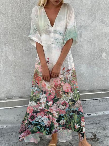 

Casual Floral Short Sleeve Woven Dress, Flower, Maxi Dresses