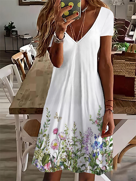 

Plus size Short Sleeve Floral Casual Dress, White, Dresses