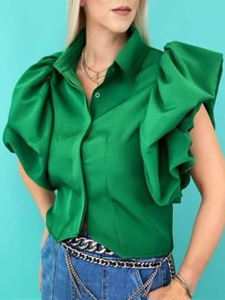 

Shirt Collar Casual Solid Short Sleeve Blouse, Green, Blouses and Shirts