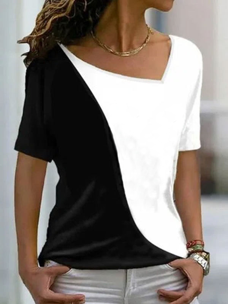 

Asymmetrical Neck Short Sleeve Tops, Black-white, Tees & T-shirts