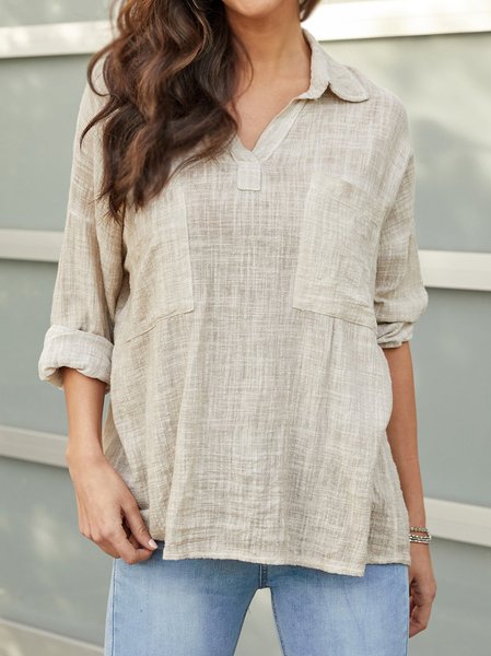 

Plain Casual Cotton Blends Long Sleeve Tops, Apricot, Shirts & Blouses