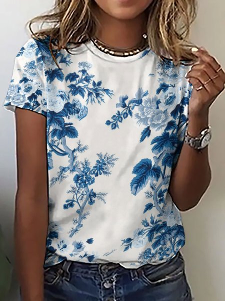 

Vintage Casual Floral Print Crew Neck T-Shirt, As picture, T-shirts