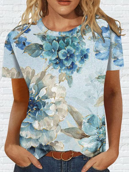 

Crew Neck Floral Loosen Short Sleeve T-Shirt, Blue, T-Shirts