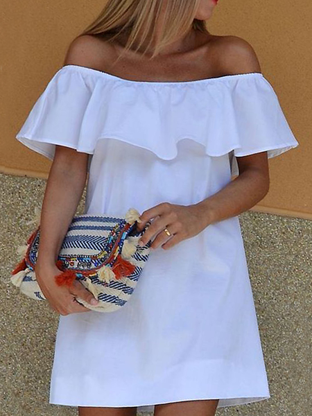 

Summer Lightweight A-line Loosen Short Sleeve Woven Off the shoulder Dress, White, Mini Dresses