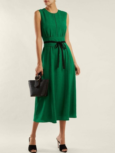 

Simple Crew Neck Plain Sleeveless Woven Midi Dress, Green, Maxi Dresses