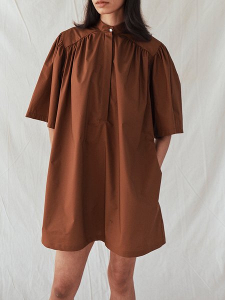 

Solid Simple Short Sleeve Woven Dress, Brown, Mini Dresses