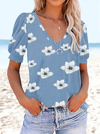 

V Neck Floral Short Sleeve T-Shirt, Blue, Shirts & Blouses