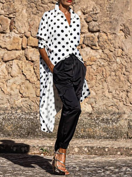 Polka Dots Shirt Collar Vacation Mid Sleeve Blouse, White, Blouses and Shirts