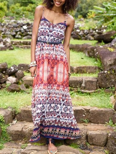 

Casual Loosen Tribal V neck Sleeveless Woven Dresses, Multicolor, Maxi Dresses