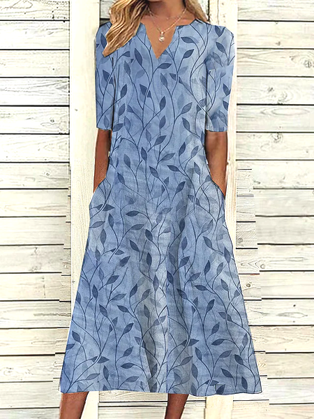

Plants Short Sleeve Woven Dress, Blue, Midi Dresses