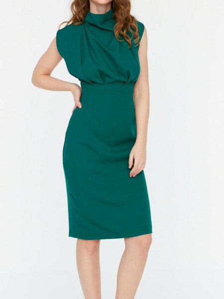 

Elegant Stand Collar Sleeveless Woven Dresses, Green, Midi Dresses