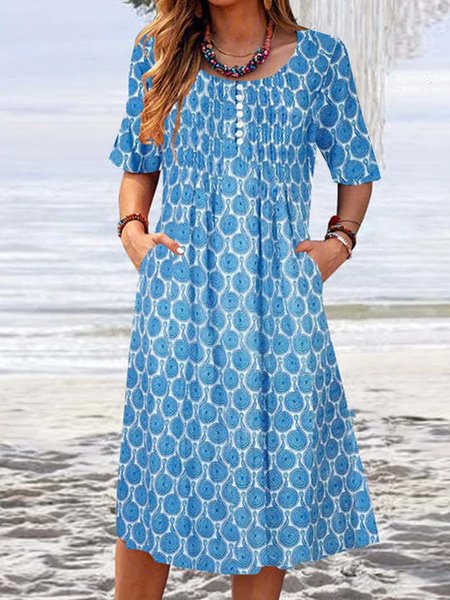 

Loosen Crew Neck Polka Dots Short Sleeve Woven Dress, Blue, Midi Dresses