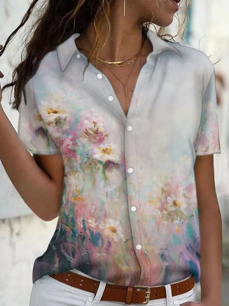 

Shirt Collar Loosen Abstract Short Sleeve Blouse, As picture, Blouses