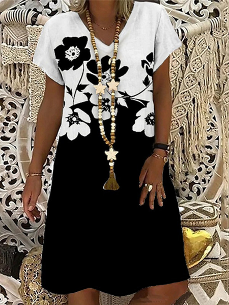 

V Neck Loosen Short Sleeve Woven Dress, Black-white, Mini Dresses
