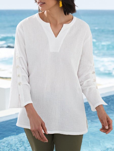 

Solid Cotton Blends Casual Long Sleeve Tops, White, Tops