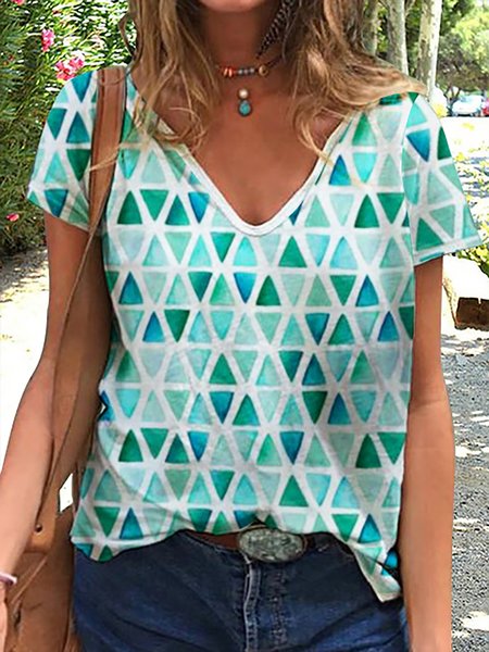 

V Neck Geometric Casual Short Sleeve T-Shirt, Green, Tees & T-shirts