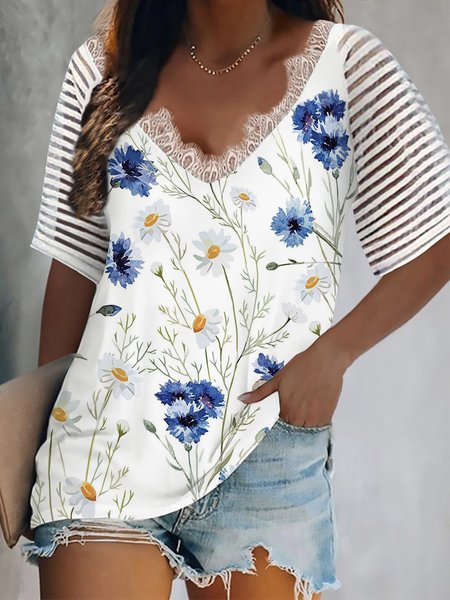 

Floral Lace V Neck Short Sleeve Plus Size Casual T-Shirt, White, T-Shirts