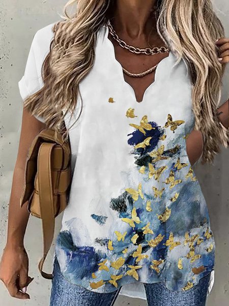 

Short Sleeve V Neck Plus Size Casual Tops, White-blue, Tops