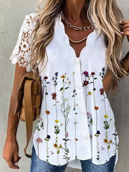 

V Neck Regular Fit Casual Short Sleeve Blouse, White, Blouses & Shirts