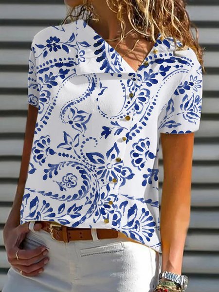 Batwing Lapel Casual Short Sleeve Tops, Blue, Blouses & Shirts