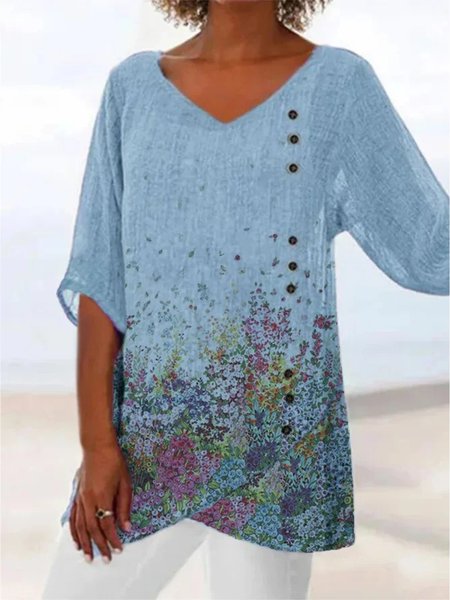

Casual Floral V neck Three Quarter Tops, Blue, Blouses & Shirts