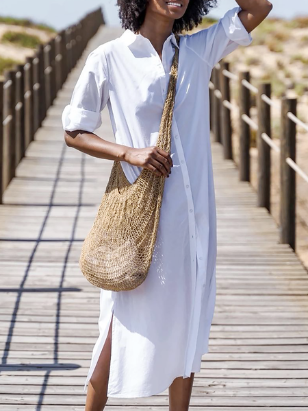 

Plus size Shirt Collar Plain Casual Dress, White, Midi Dresses