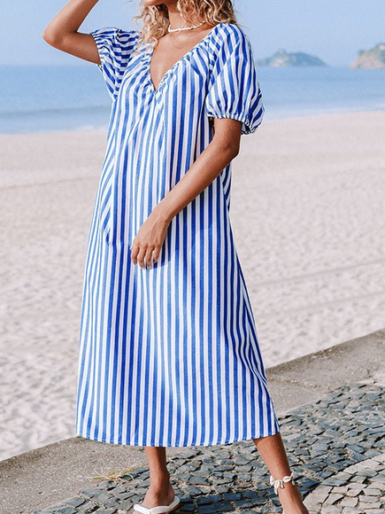 

Loosen Short Sleeve Woven Dress, Blue, Midi Dresses