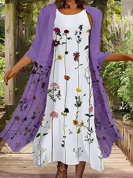 

Loosen Sleeveless woven fresh print dress, built-in, single-wear, back zipper, no coat., White, Midi Dresses