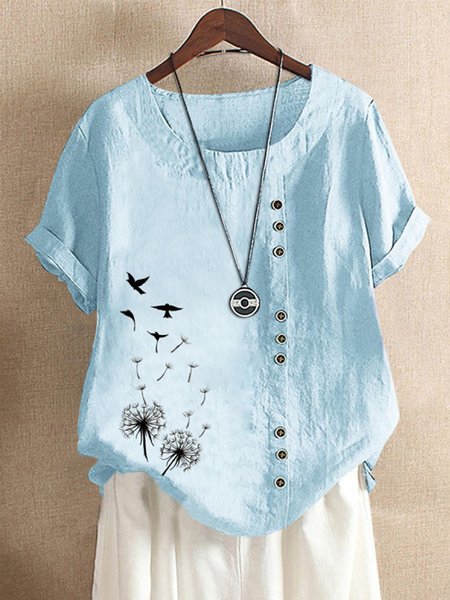 

Casual Dandelion Print Crew Neck Button Short Sleeve Tops, Blue, Tops