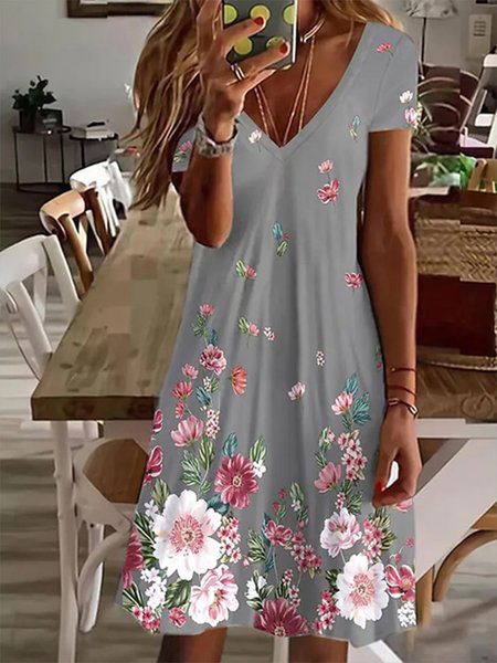 

Floral V neck Casual Short Sleeve Knit Dress, Gray, Dresses