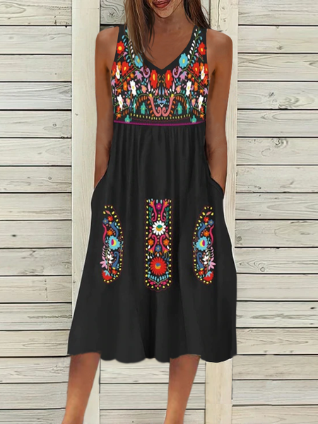 

Tribal Casual Short Sleeve Knit Dress, Black, Midi Dresses