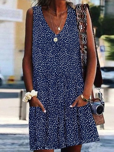 

Loosen Pockets Sleeveless Woven Dresses, Blue, Dresses
