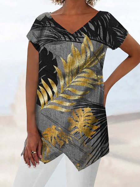 

Loosen Leaves V Neck Short Sleeve Tops, Flower, Tops