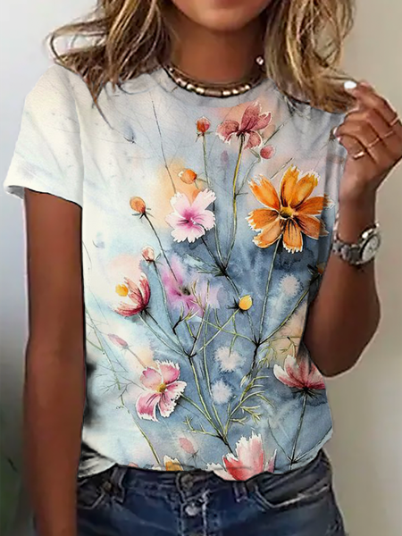 

Plus size Casual Floral Short Sleeve T-Shirt, Blue, T-Shirts